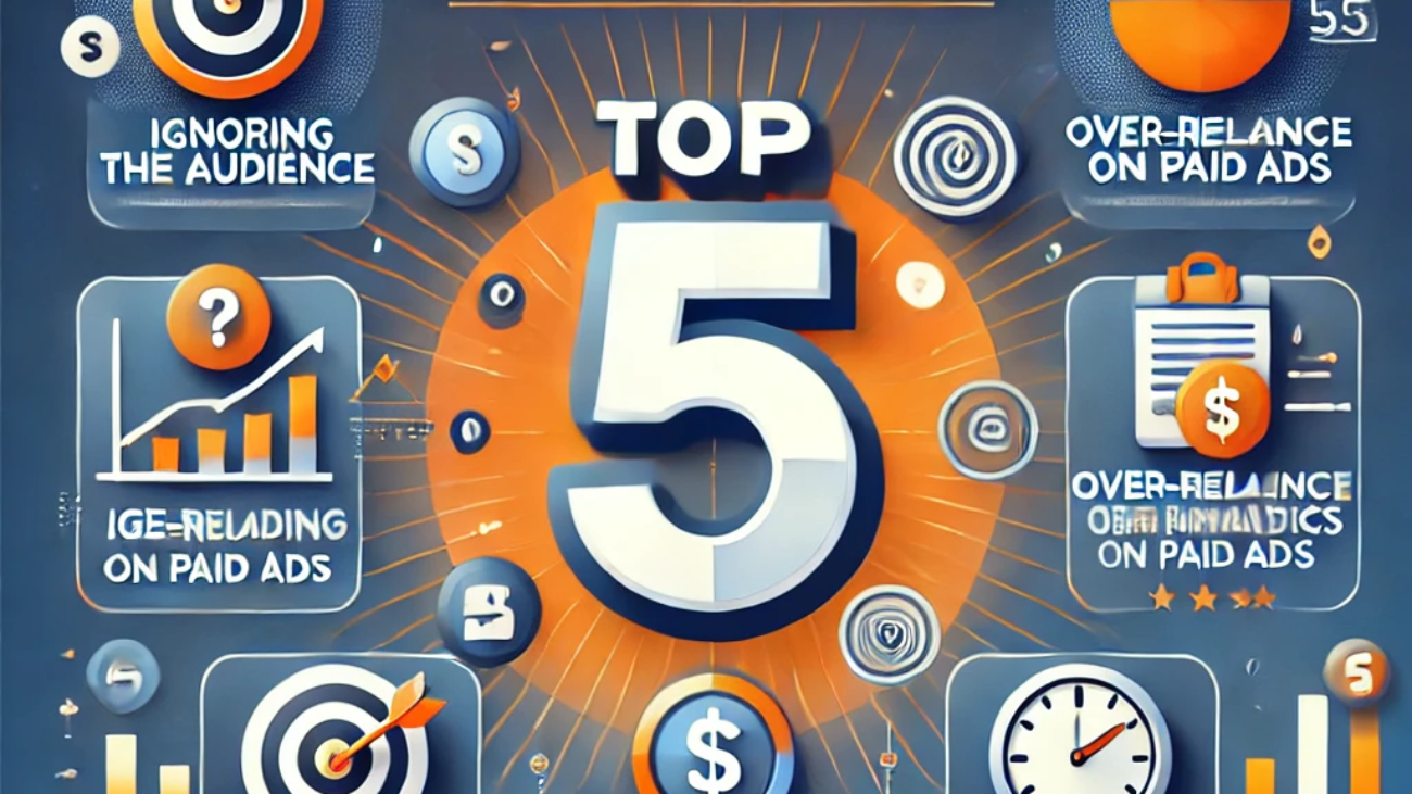DALL·E 2024-12-16 12.47.45 - An engaging digital marketing-themed image for a post titled 'Top 5 Marketing Mistakes Businesses Make.' The design features a clean, modern layout wi